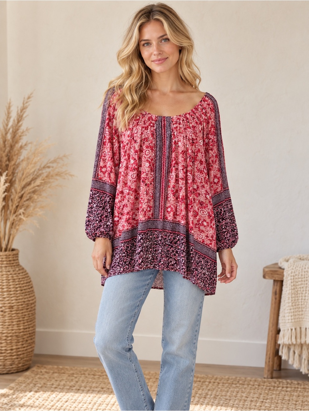 Lucky Brand Red Floral Boho Peasant Blouse